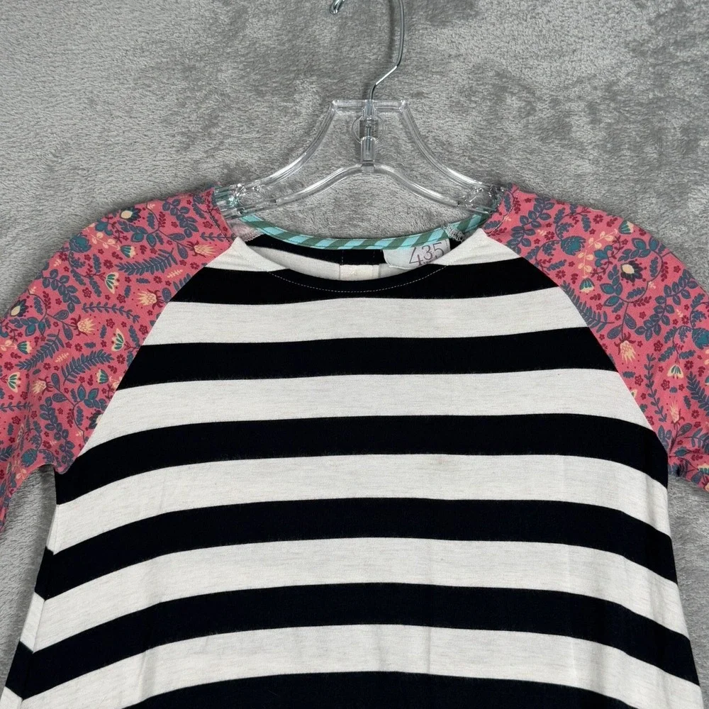 Matilda Jane Dress Girls 10 Black White Striped Floral Mixed‎ Media Button Back